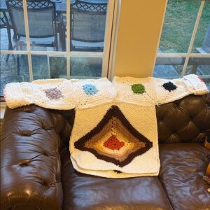 Vintage Handmade Crochet Blanket Poncho Multicolor Squares